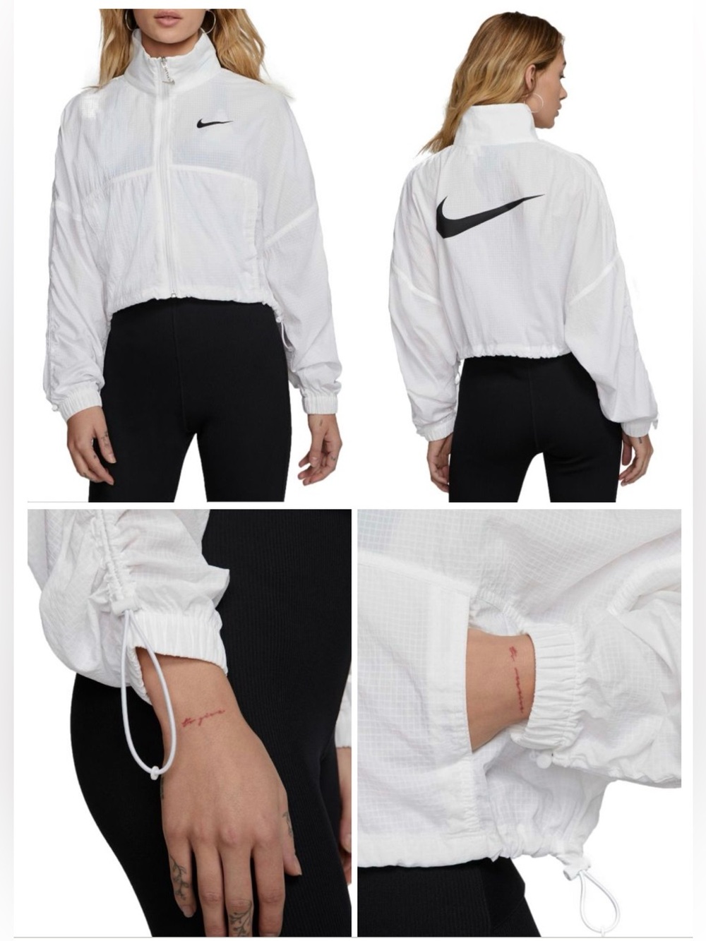 Nike White Cropped Bomber Jacket with Black Swoosh